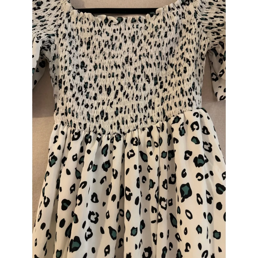 Ina Cheetah Print High-Low Dress - Green & Black - Smocked Waist - Size Medium - - Picture 3 of 11
